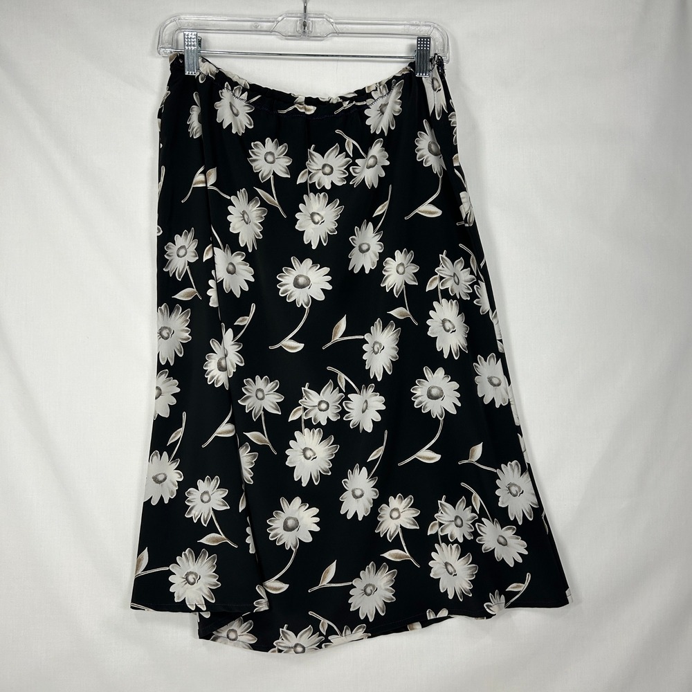 Vintage Floral Daisy Print Midi Skirt Y2K Black & White Elastic Waist Midi L/XL
